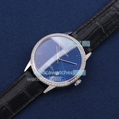 Super Replica Omega Blue Dial Black Leather Strap Diamonds Bezel 40mm